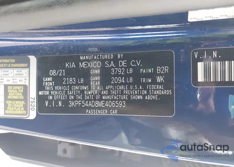 2021 Kia Forte Ex z USA, uszkodzony, nr VIN 3KPF54AD8ME406593